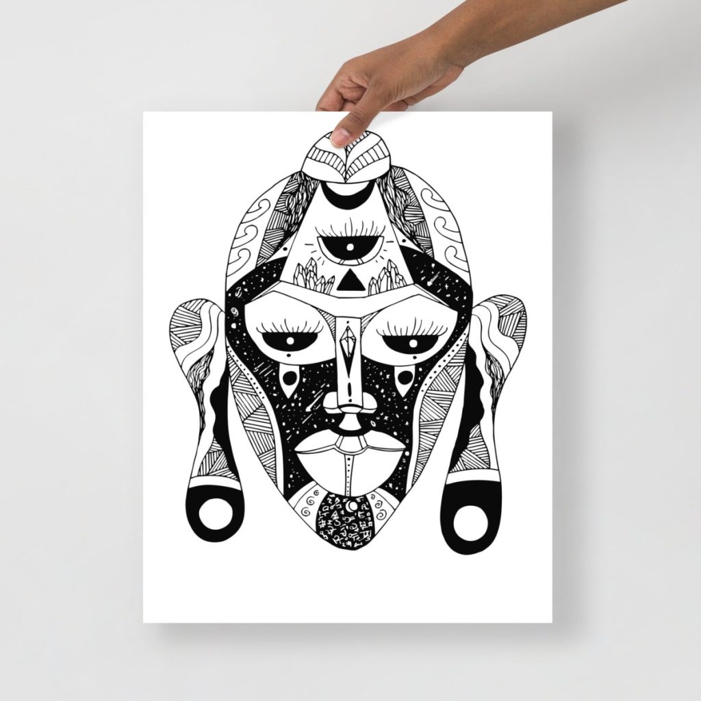 Dynamic african mask art print capturing powerful tribal warrior face with ornate detail