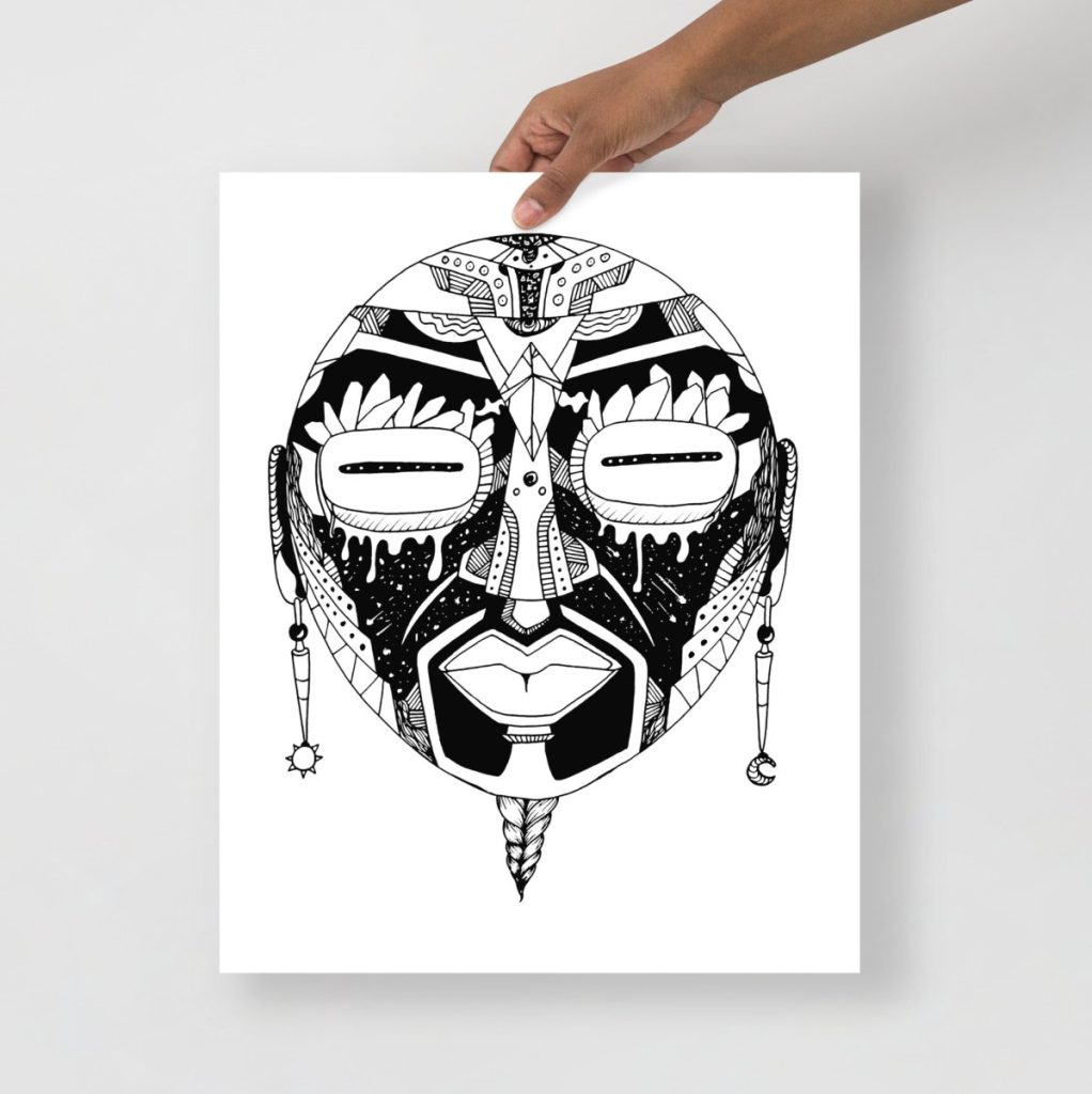 Striking tribal wall art featuring african mask art print with geometric face design