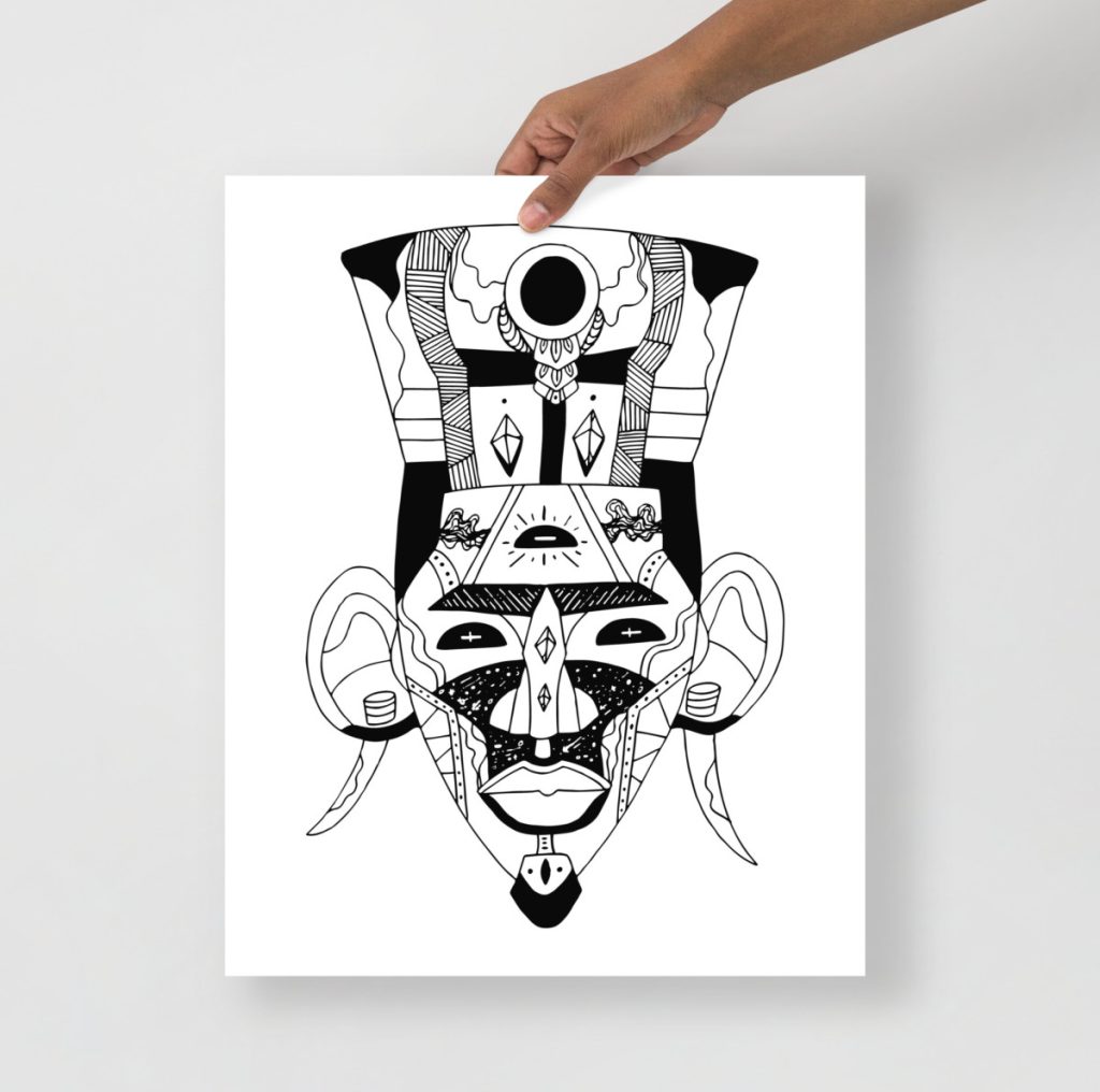 Elegant tribal wall artwork with african mask art print in flowing decorative lines