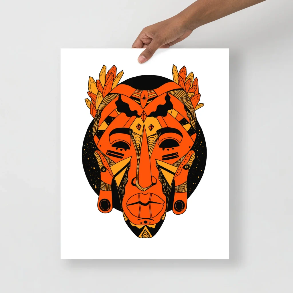 African Mask Art Print - Orange and Black Tribal Wall Decor