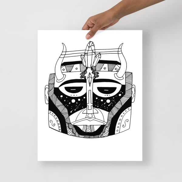 African mask art print featuring geometric tribal design with bold black ink lines and detailed patterns on white paper