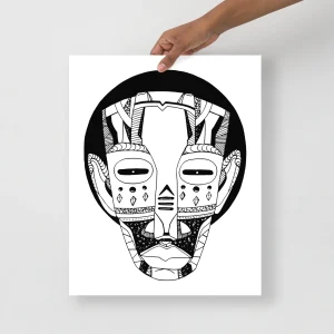 Hand-drawn African mask art print in bold black and white tribal style