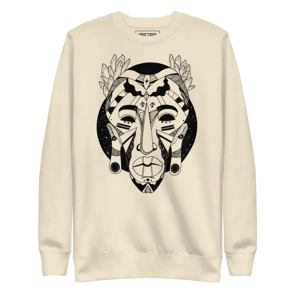 Bone cream African mask art sweatshirt featuring intricate black ink illustration of a tribal mask with geometric patterns and leaf motifs.