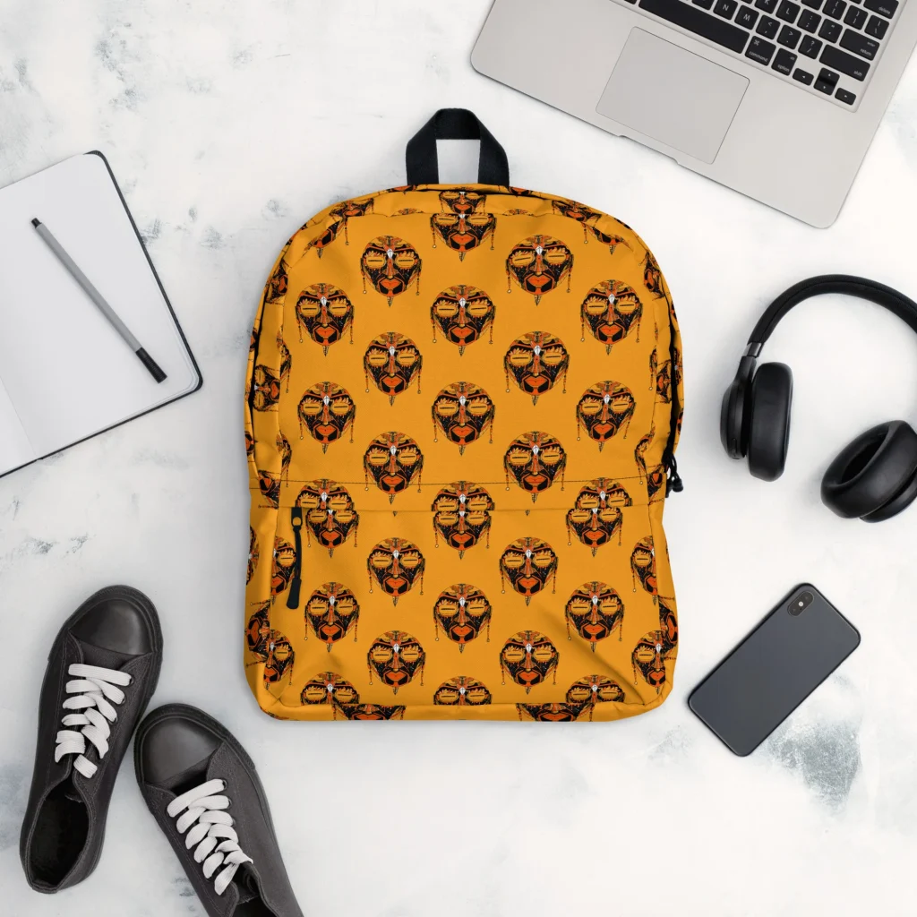 African Mask No 2 Backpack | Orange & Black School Bag
