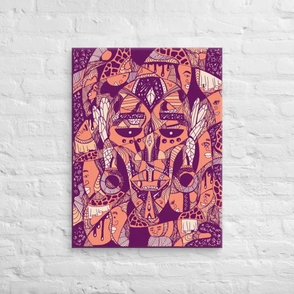 Afrocentric African mask canvas art featuring Atok and 12 Tribe Chiefs in vibrant purple and orange tones with intricate tribal patterns and faces.