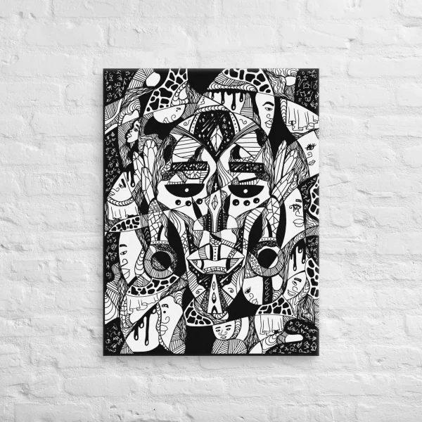 Black and white African mask canvas art featuring Atok and 12 Tribe Chiefs with intricate geometric patterns and traditional designs.