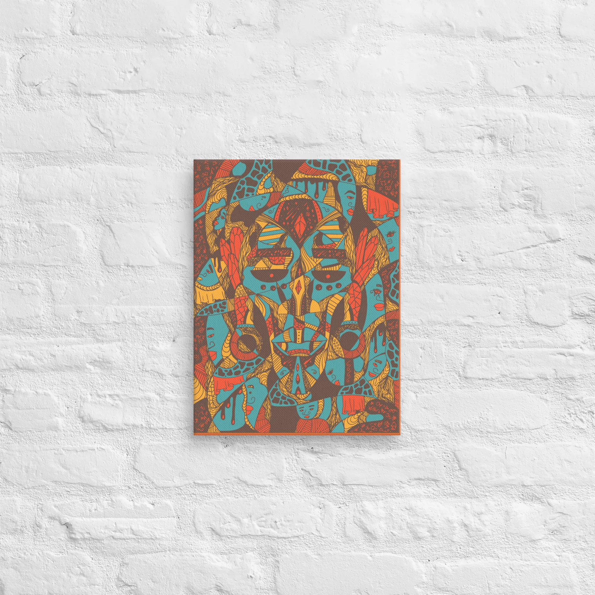 Vivid African mask canvas art featuring intricate tribal design with turquoise, gold, red and brown tones depicting Atok and 12 Tribe Chiefs