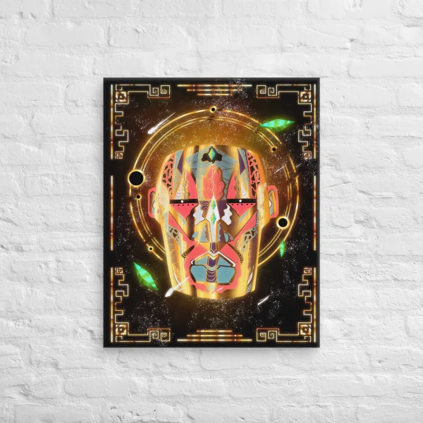 African mask canvas art featuring vibrant geometric patterns with gold neon frame and glowing accents on black background.