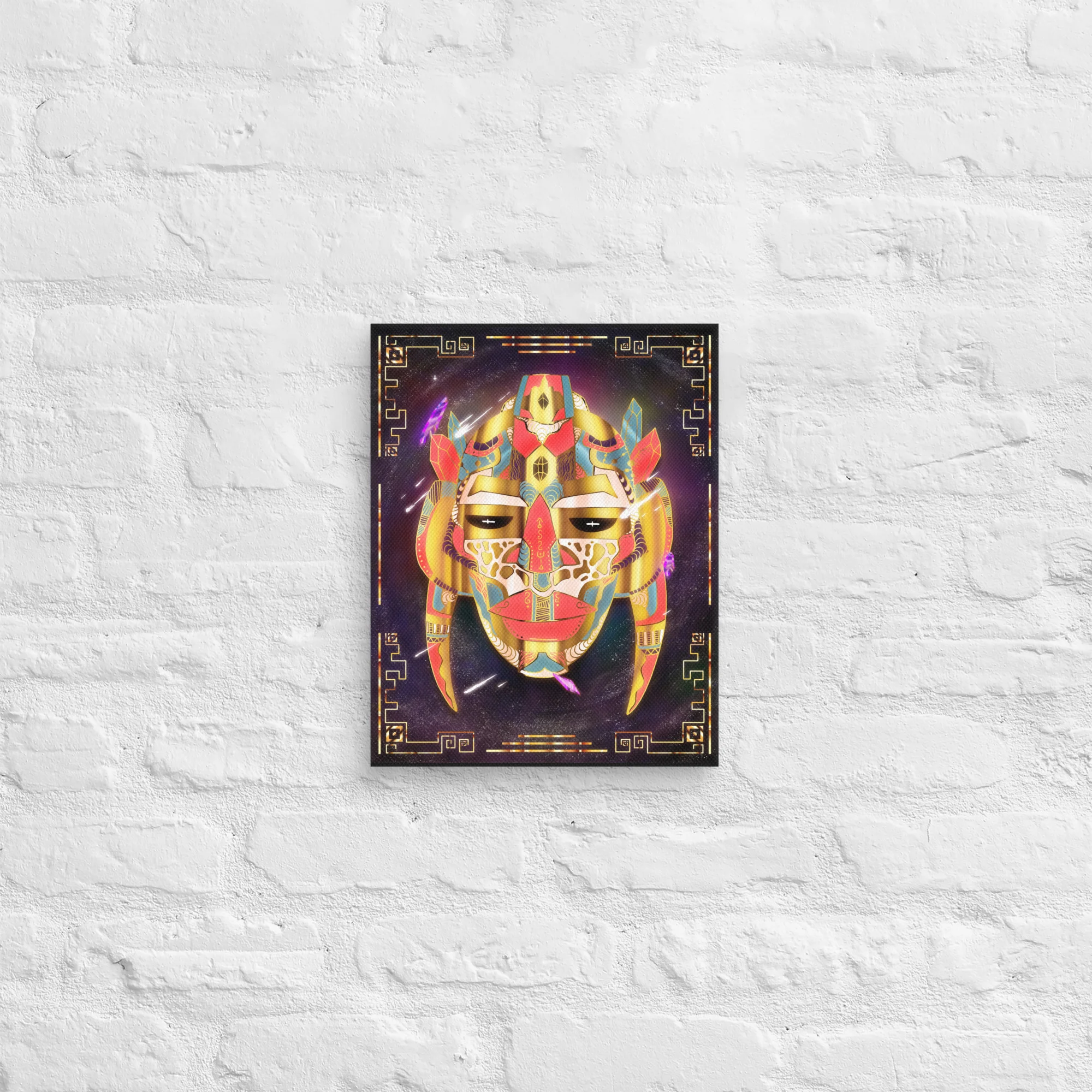 Vibrant African mask canvas art featuring retro gold futurism design with ornate geometric patterns and glowing accents on dark background