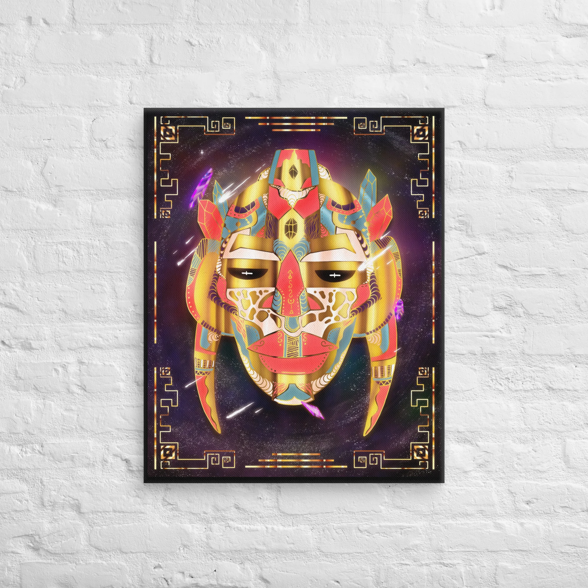 Striking African mask canvas art featuring retro gold and vibrant colors with Afrofuturism design elements.