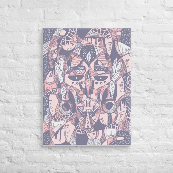 Rose pink and navy African mask canvas art featuring Atok and 12 tribal chiefs with intricate patterns and cultural designs.