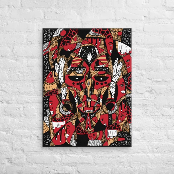 Royal red African mask canvas art featuring intricate tribal patterns with bold red, gold, and black geometric designs on white brick wall