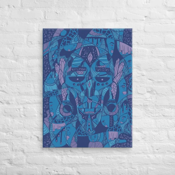 African mask canvas wall art featuring Atok and 12 Chiefs with bold blue and pink tribal designs on white brick wall.