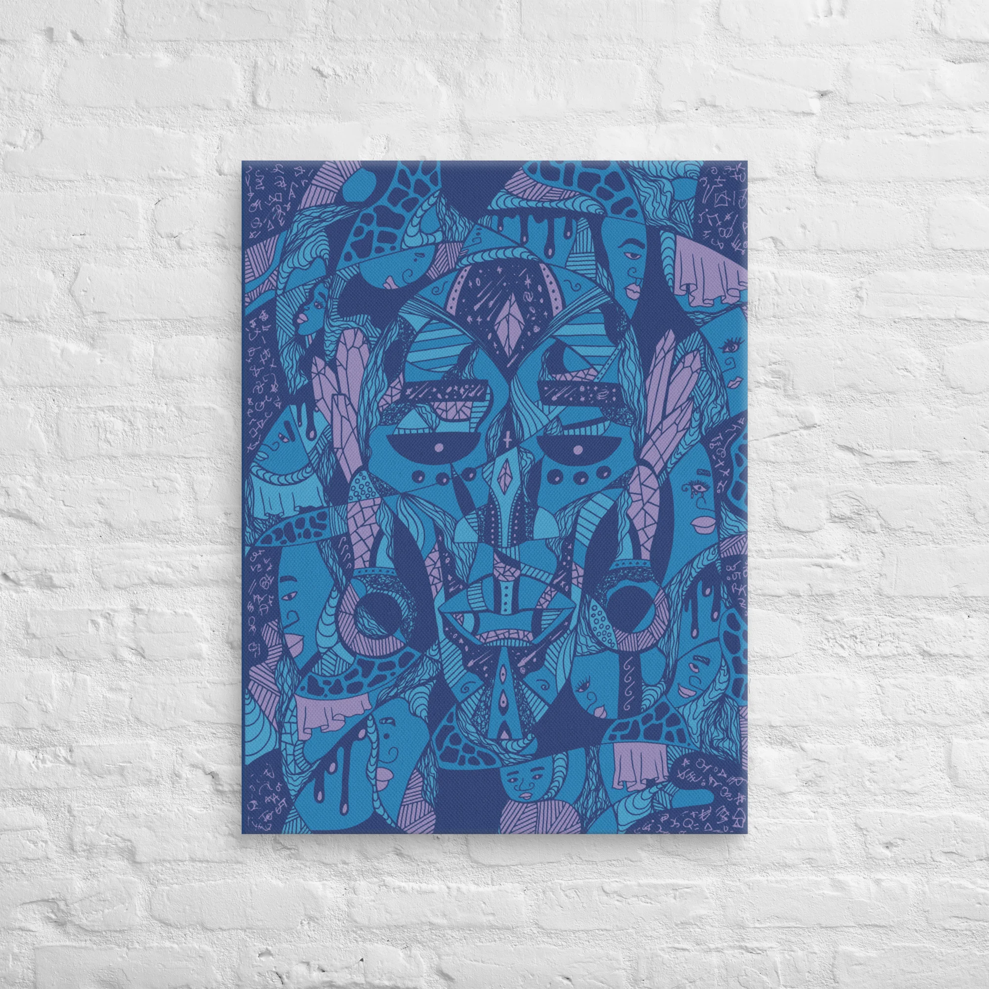 African mask canvas wall art featuring Atok and 12 Chiefs with bold blue and pink tribal designs on white brick wall.