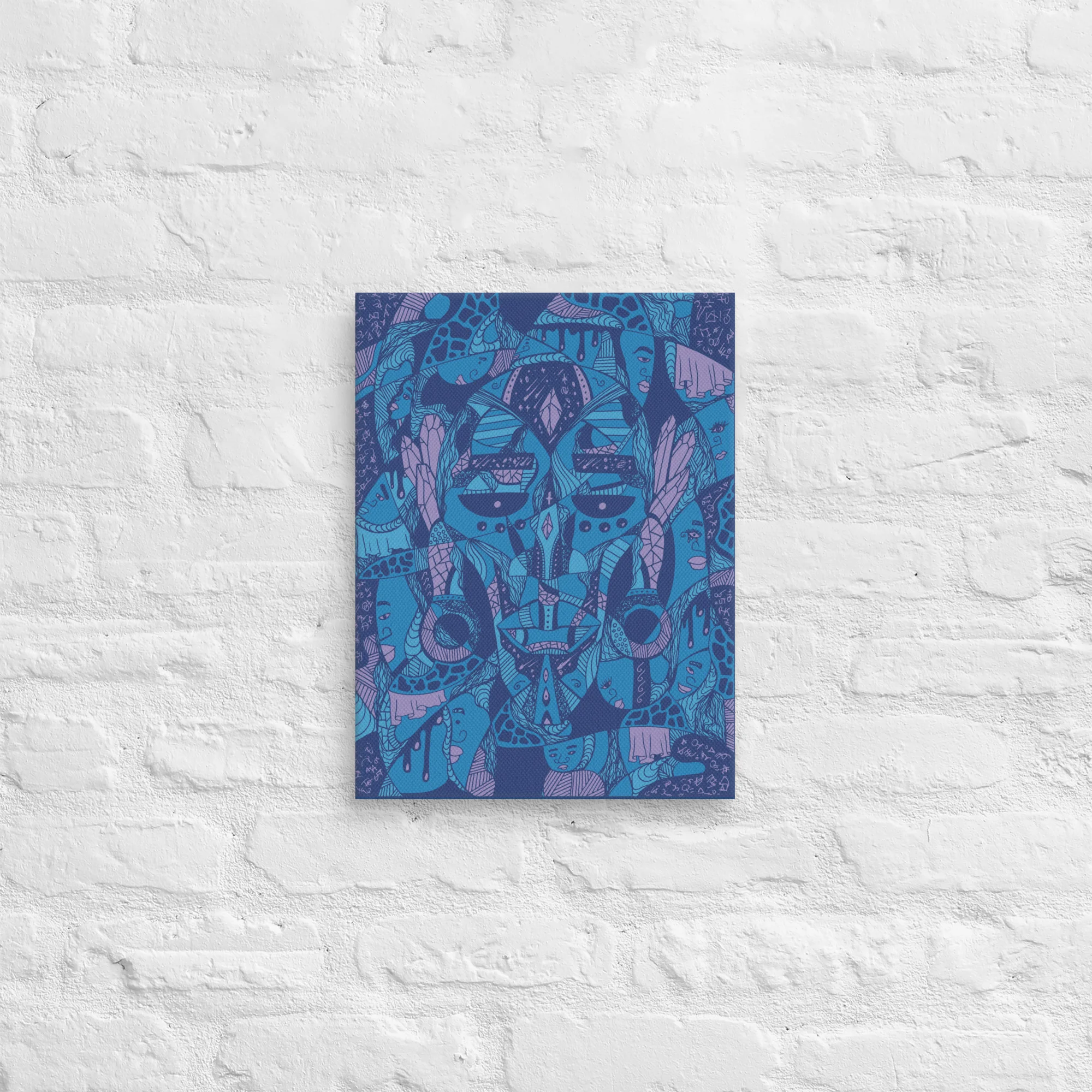 Blue and purple African mask canvas wall art featuring Atok and 12 Chiefs with intricate ceremonial patterns and tribal designs