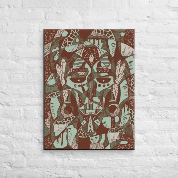 Afrocentric African mask canvas wall art in sage green and brown featuring geometric tribal patterns and stylized faces.