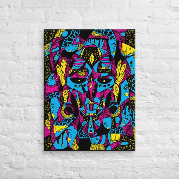 Vibrant African mask canvas wall art featuring bold blue, magenta, yellow and black tribal patterns with geometric designs and stylized faces.