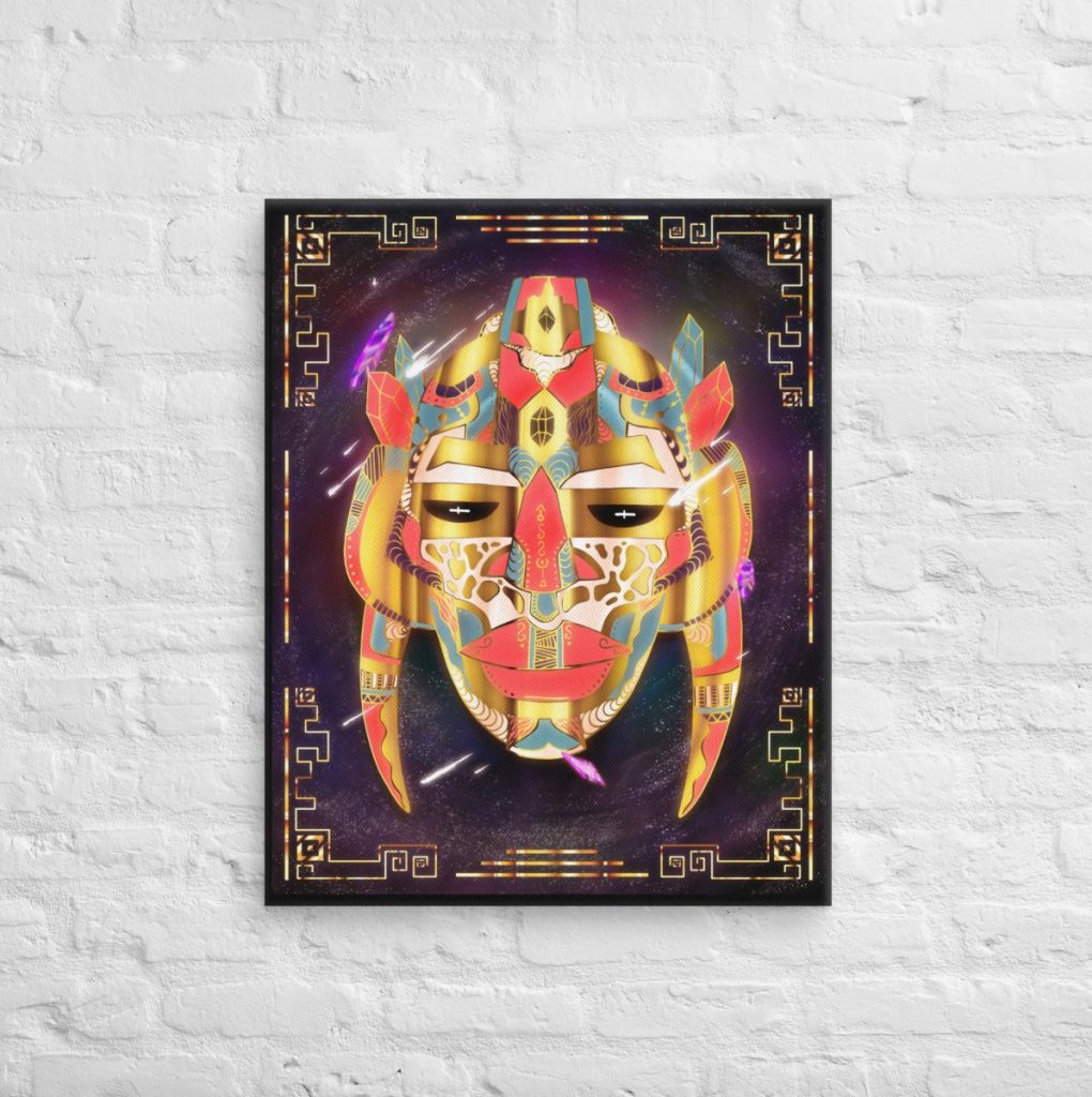 African mask canvas art number 38 with retro gold afrofuturism color palette