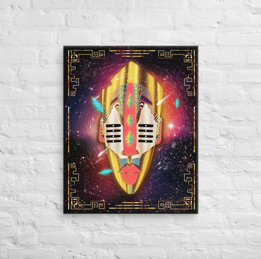 African mask canvas art number 21 rendered in striking retro gold afrofuturism style