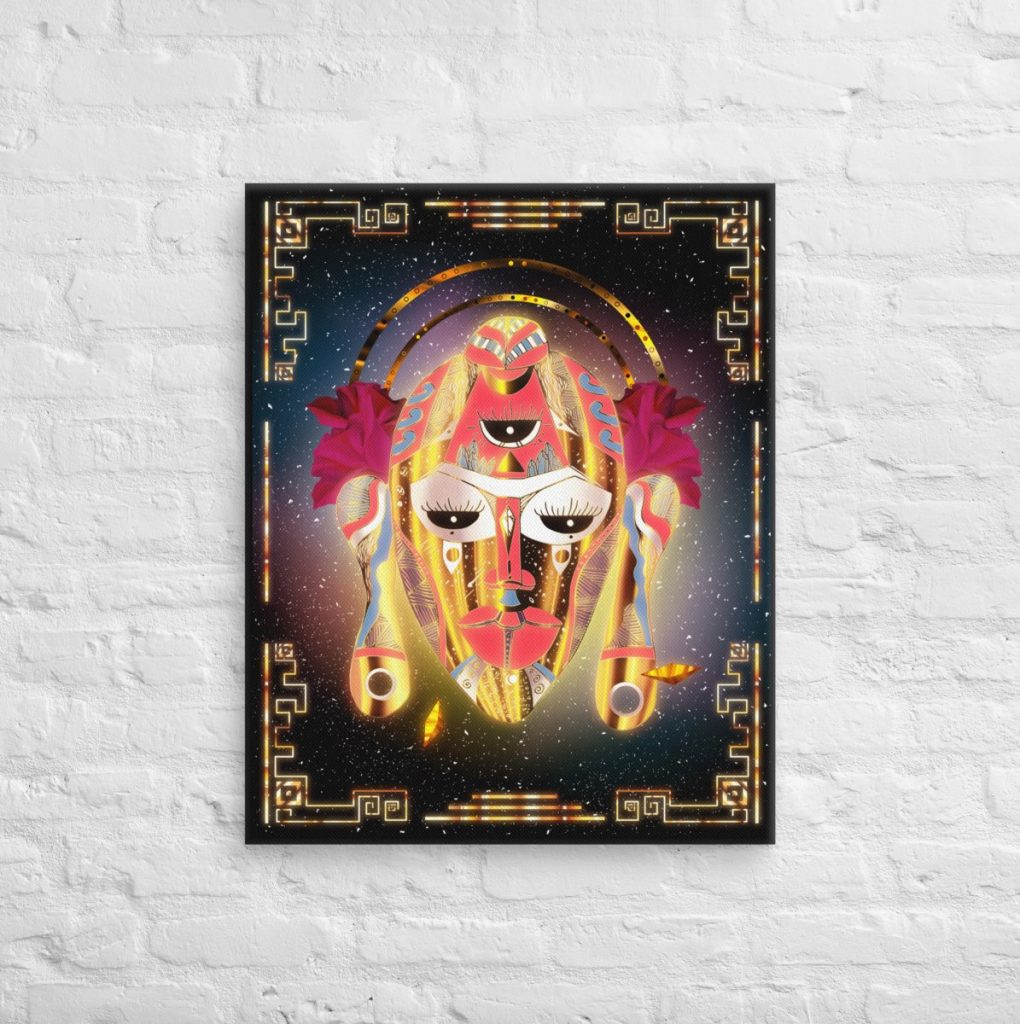 Vibrant gold afrofuturism print showcasing an african mask canvas wall art piece