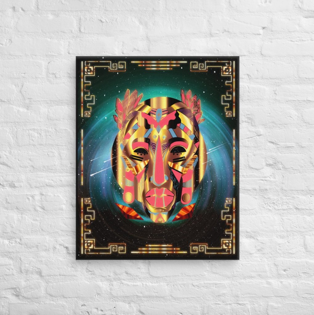 Retro gold african mask canvas wall art featuring bold afrofuturism geometric design
