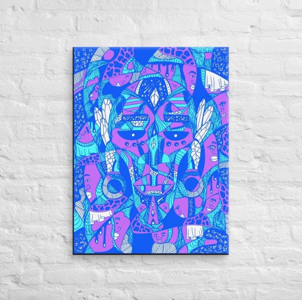 Blue-toned african mask canvas wall art showing Atok and twelve tribe chiefs