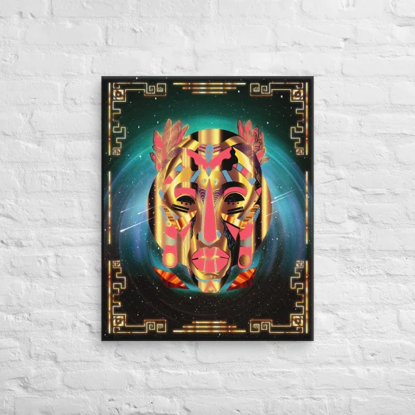 Retro gold African mask canvas wall art featuring vibrant geometric patterns and celestial design on black background