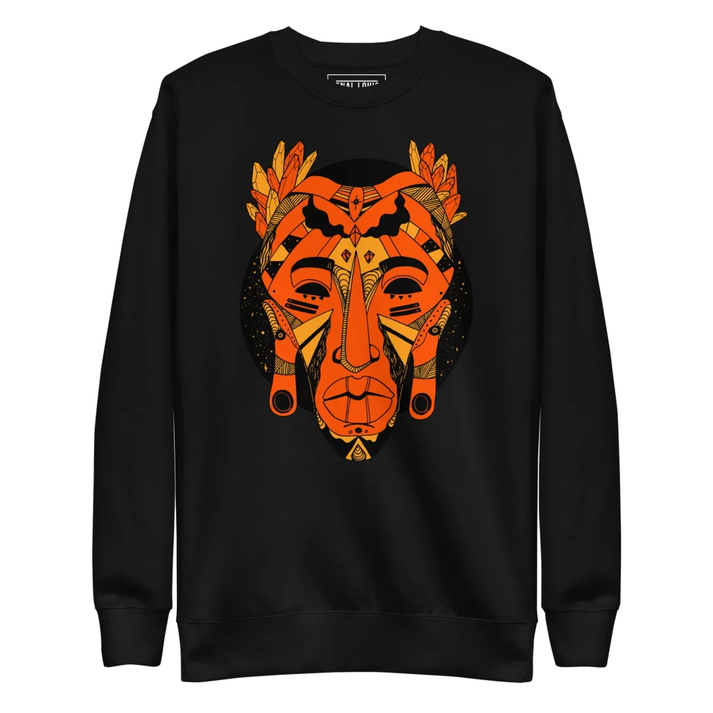 African Mask Graphic Sweatshirt - Orange & Black Crewneck