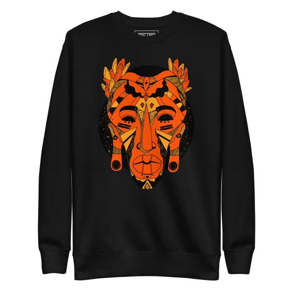 Black crewneck sweatshirt with bold orange and gold African mask graphic featuring geometric patterns and feathered headdress design