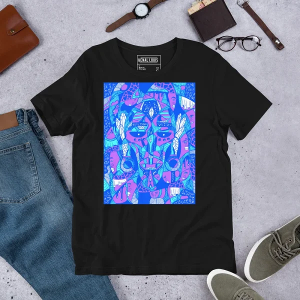 Black African mask t-shirt featuring vibrant blue and pink afrocentric art design on front