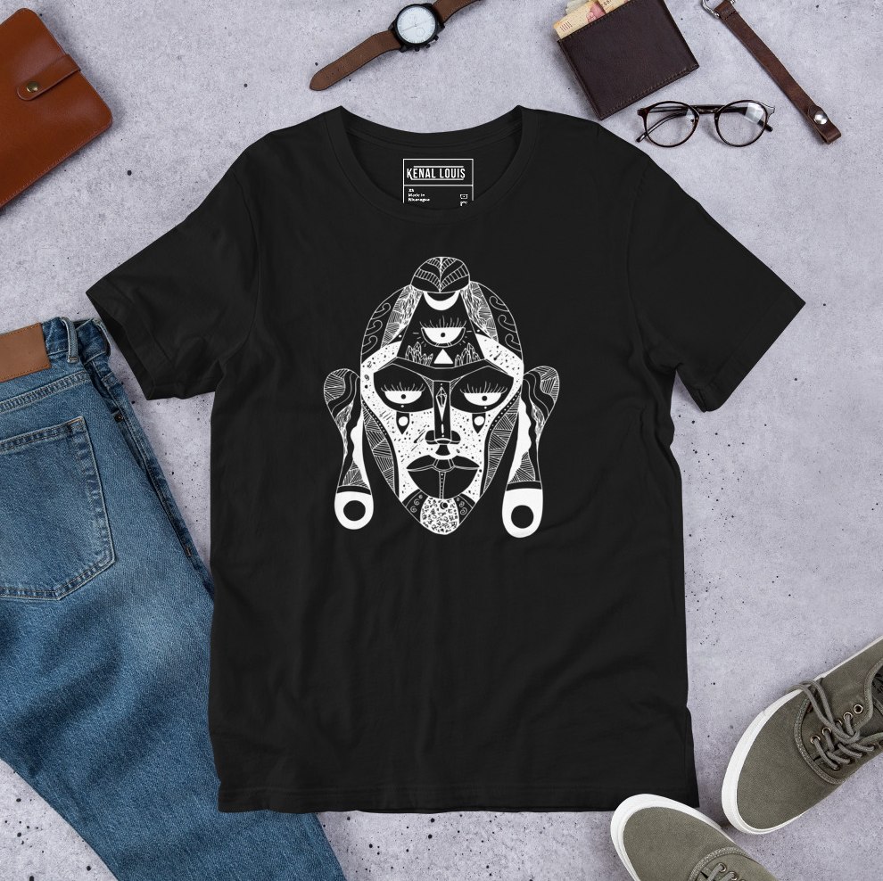 Contemporary white line art tee celebrating african mask heritage design No.7
