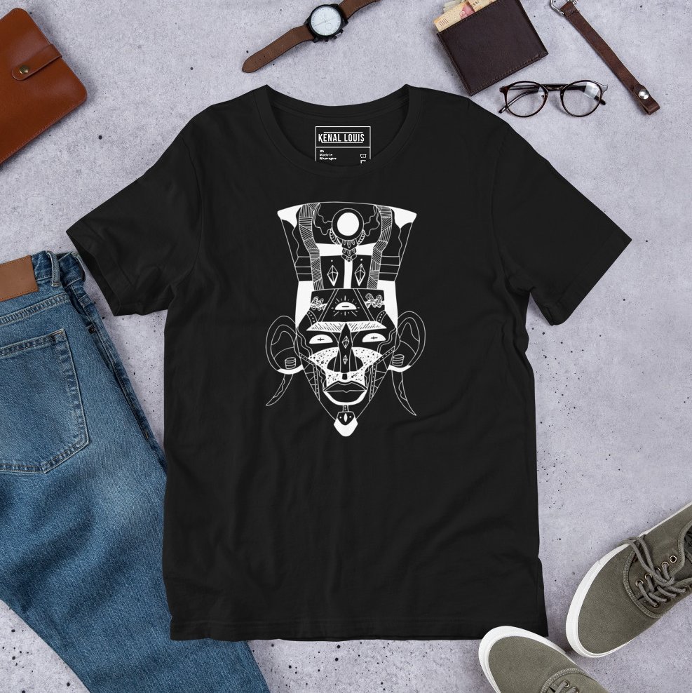 Stylized tribal african mask t shirt with clean white line art Mask No.6