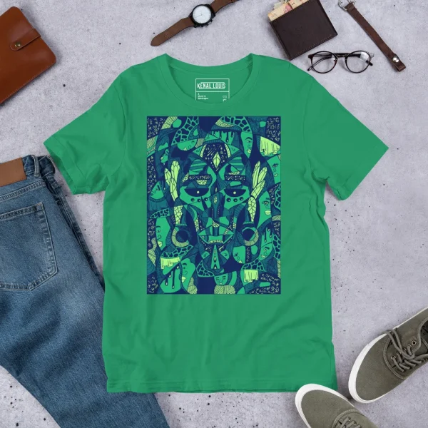 Bright mint green African mask art t-shirt with navy and lime graphic print displayed flat lay with accessories