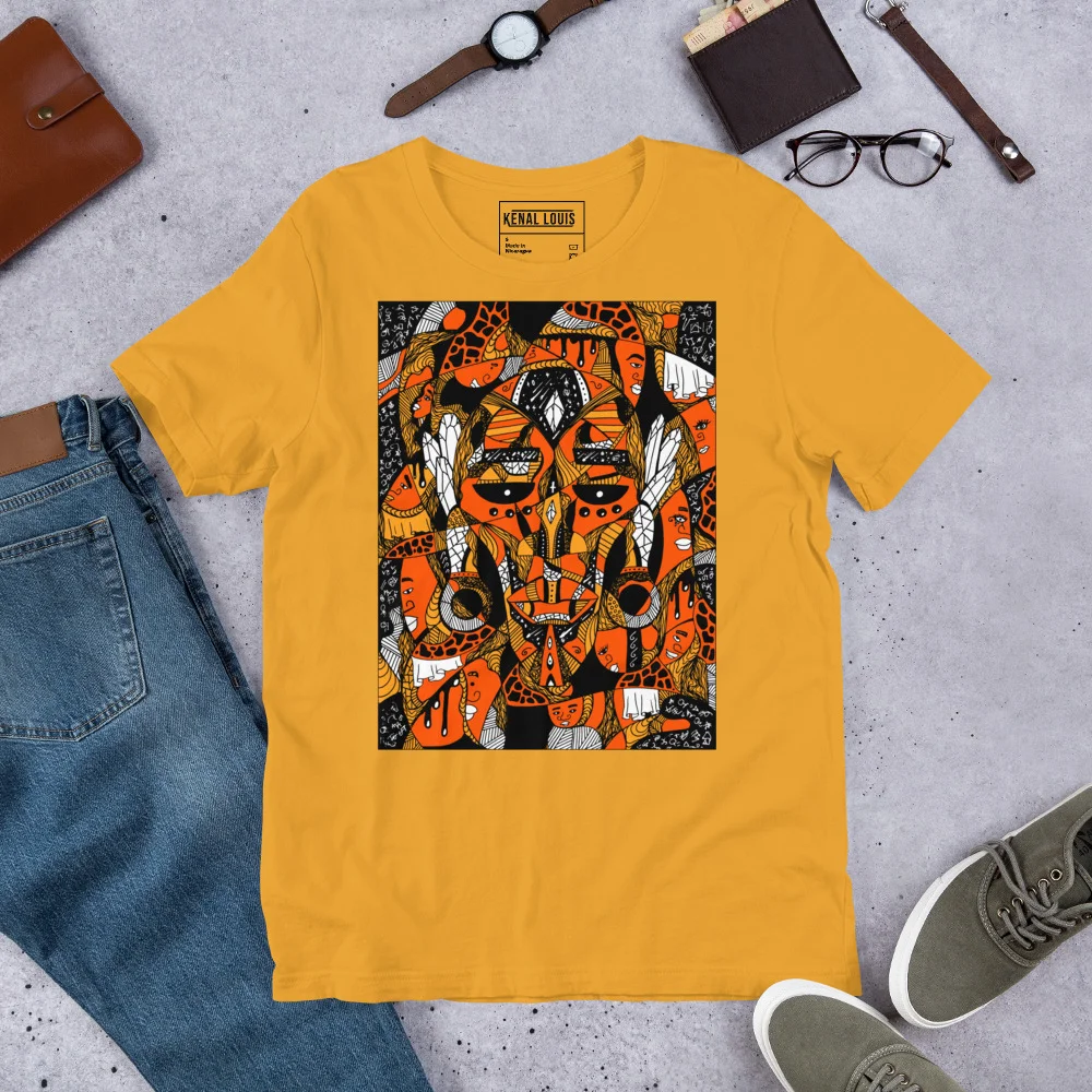 Mustard yellow African mask t-shirt with black and orange afrocentric art design displayed flat lay