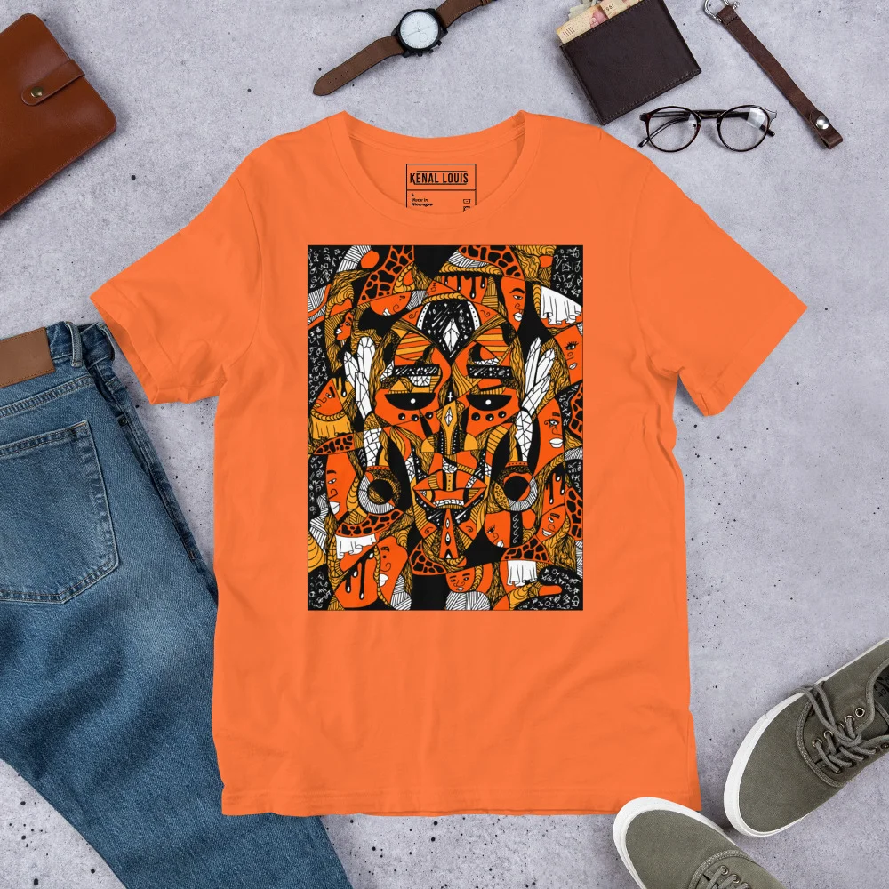 Bright orange African mask t-shirt displaying bold black and gold Afrocentric artwork with intricate tribal patterns and symbolic design elements.