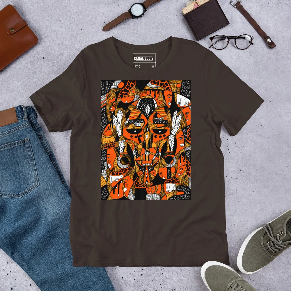 Brown African mask t-shirt featuring bold orange and black Afrocentric art design displayed flat with accessories