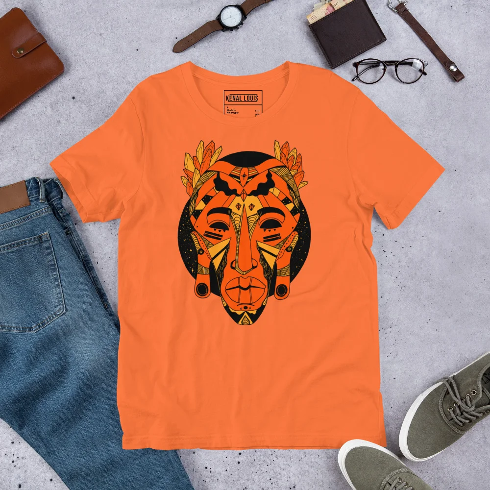 Orange African mask t-shirt featuring bold black and gold geometric tribal artwork with feather headdress design