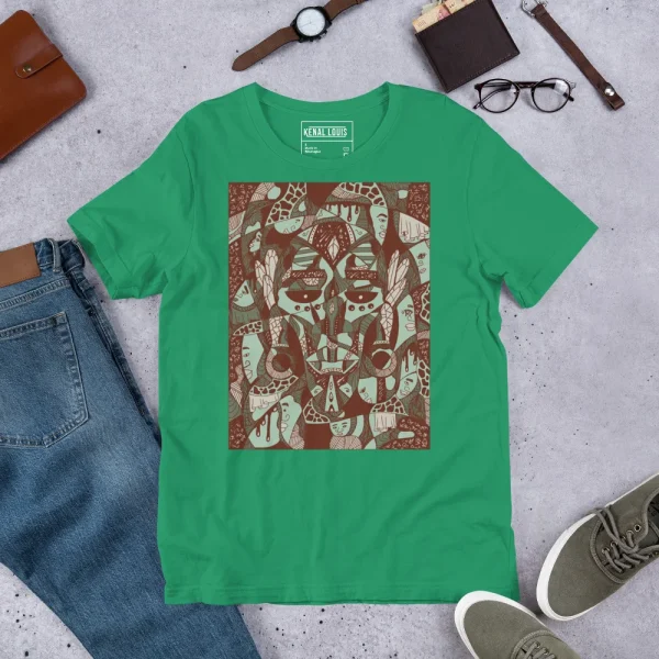 Sage green African mask t-shirt featuring brown and cream abstract mask artwork displayed flat with accessories