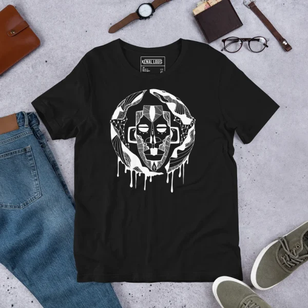 Black African mask t-shirt with bold white line art drip design, displayed flat lay with accessories.
