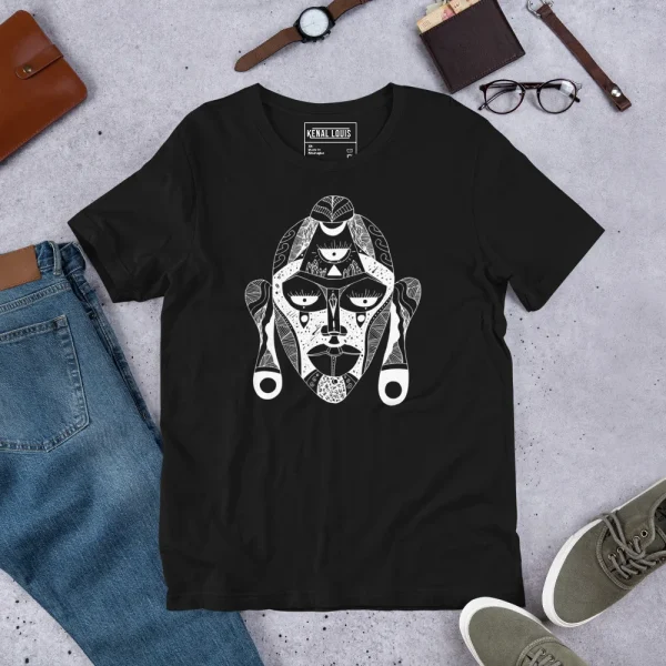 Black african mask t-shirt with white line art geometric mask design featuring intricate patterns and bold details