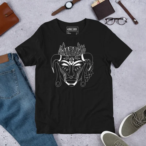 Black African mask t-shirt featuring white line art design with geometric patterns and crystal crown detail