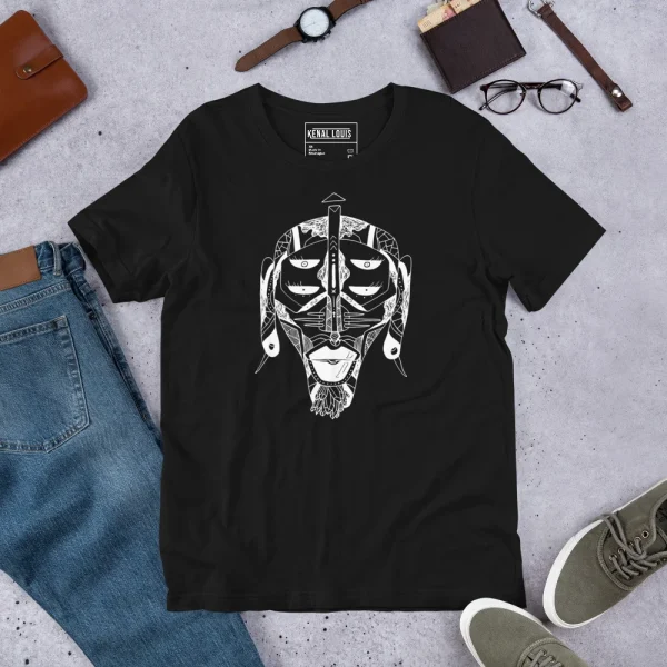 Black African mask t-shirt with white line art design displayed flat lay with accessories