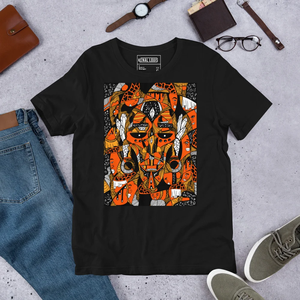 Black t-shirt with bold orange and black African mask art design featuring intricate geometric patterns and cultural symbolism.