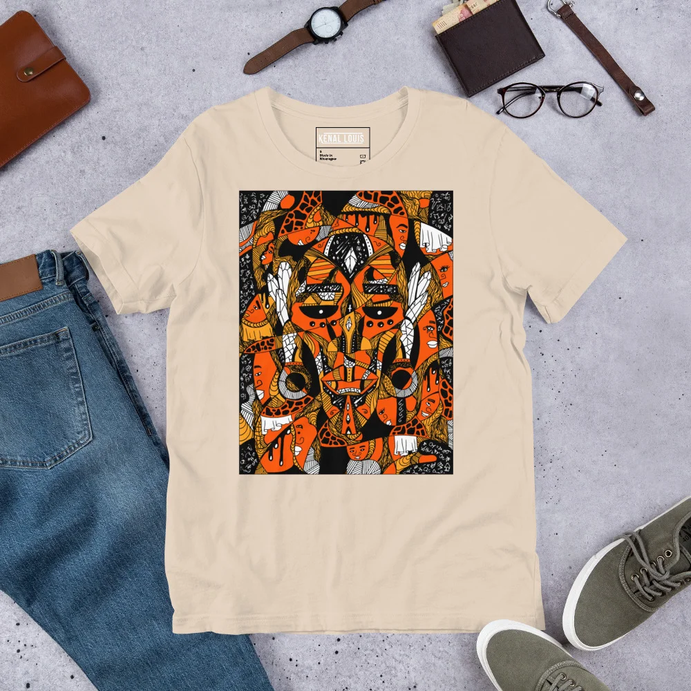 African Mask Art T-Shirt - Black & Orange Afrocentric Tee