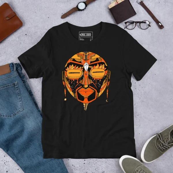 Black unisex African mask t-shirt featuring orange and black graphic artwork with geometric patterns and tribal design