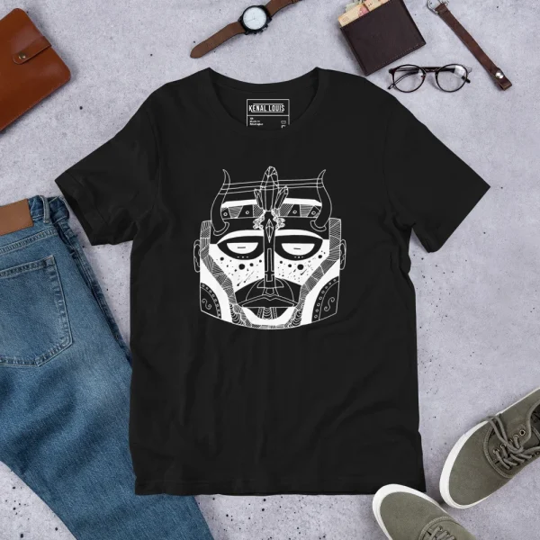 Black african mask t-shirt featuring white line art design of ceremonial mask with horns and geometric patterns