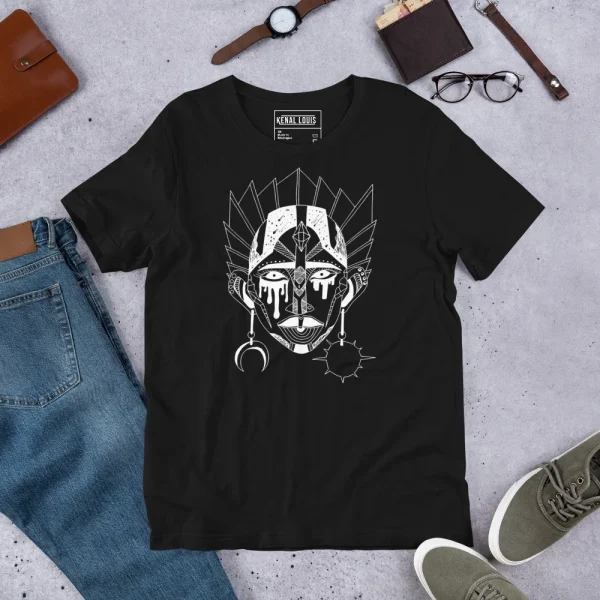 Black African mask t-shirt with white line art ceremonial design featuring geometric patterns and symbolic elements