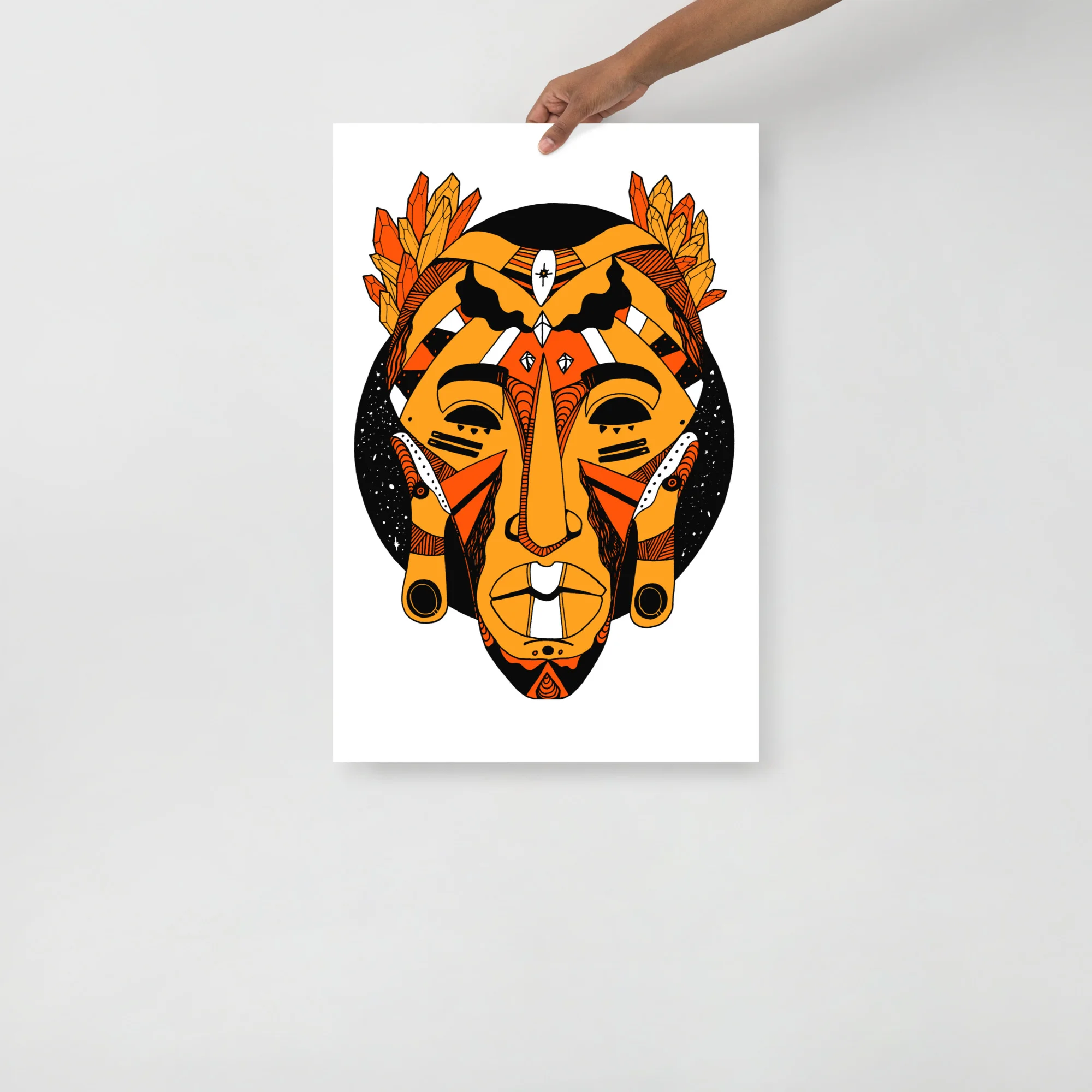 African mask wall art featuring bold orange and black tribal design with feathered headdress and geometric patterns