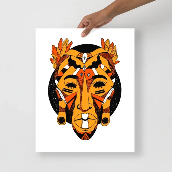 Orange and black African mask wall art print featuring tribal design with feathered headdress and geometric patterns