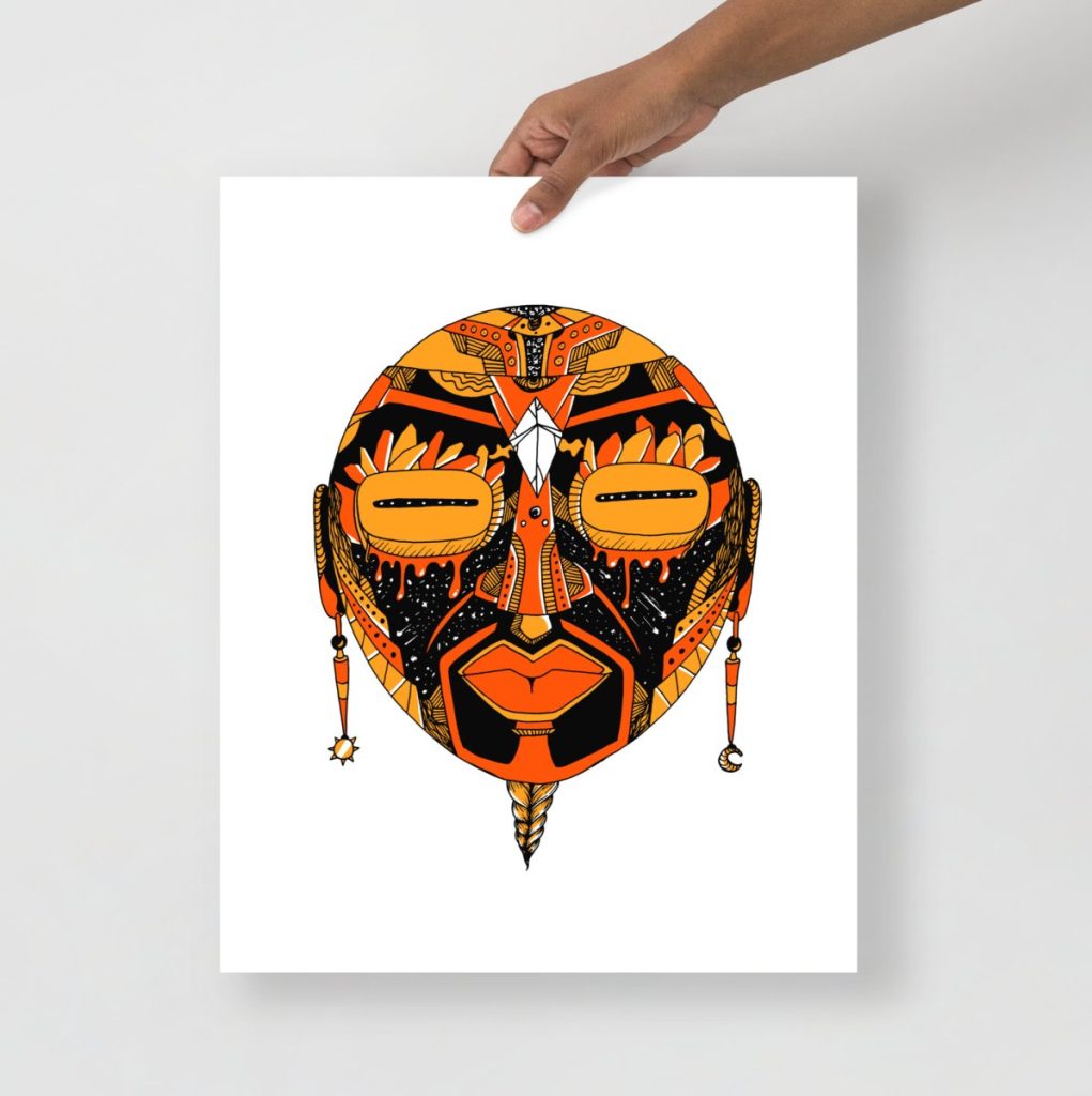 Dramatic black and orange mask artwork celebrating african tribal art traditions
